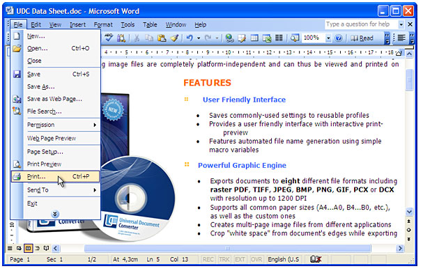 Open the document in Microsoft Word and press "File->Print..." in application main menu.